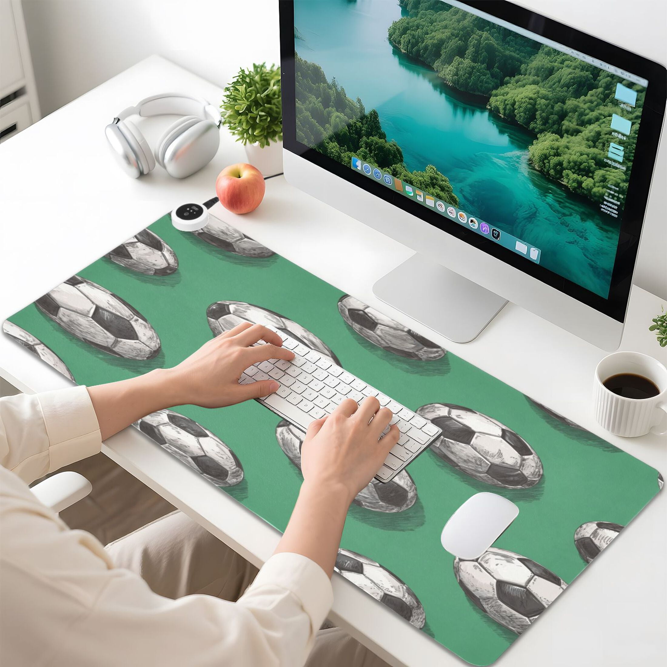Large Heated Desk Mat Mouse Pad 31.5"x13"PU Leather Graphene Heating Desk Warmer with 3 Temperature Settings 110V US Plug Non-Slip Warm Pad for Home, Office, and Gaming Retro Football Pitch Print