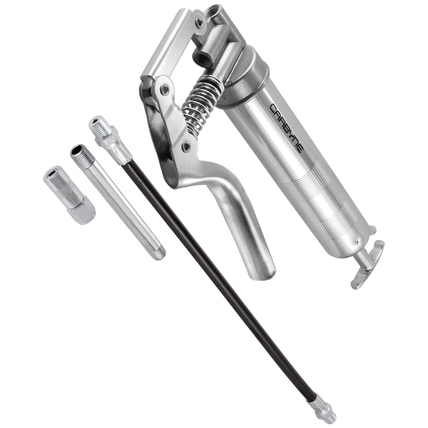 Carbyne Mini Grease Gun, Pistol Grip, 3000 Psi, Knurled Steel Barrel, 12 in. Flex Hose, 4 in. Rigid Tube, Coupler, 2-Way Loading, 3 Oz Capacity