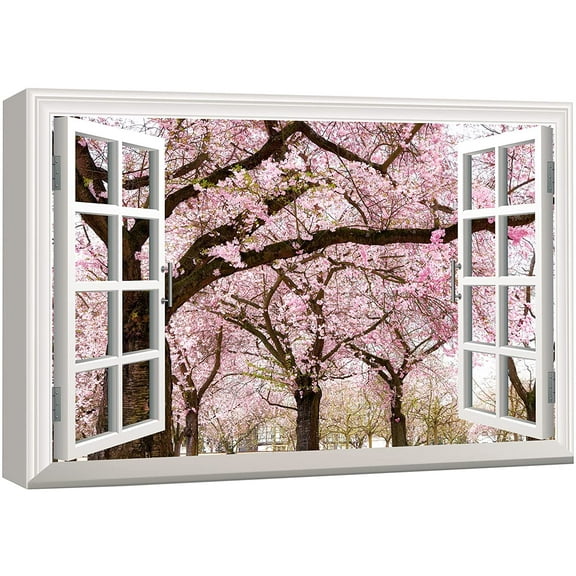 wall26 Canvas Print Wall Art Window View Cherry Blossoms in Spring Nature Wilderness Photography Modern Art Rustic Scenic Colorful Ultra for Living Room, Bedroom, Office - 12"x18"