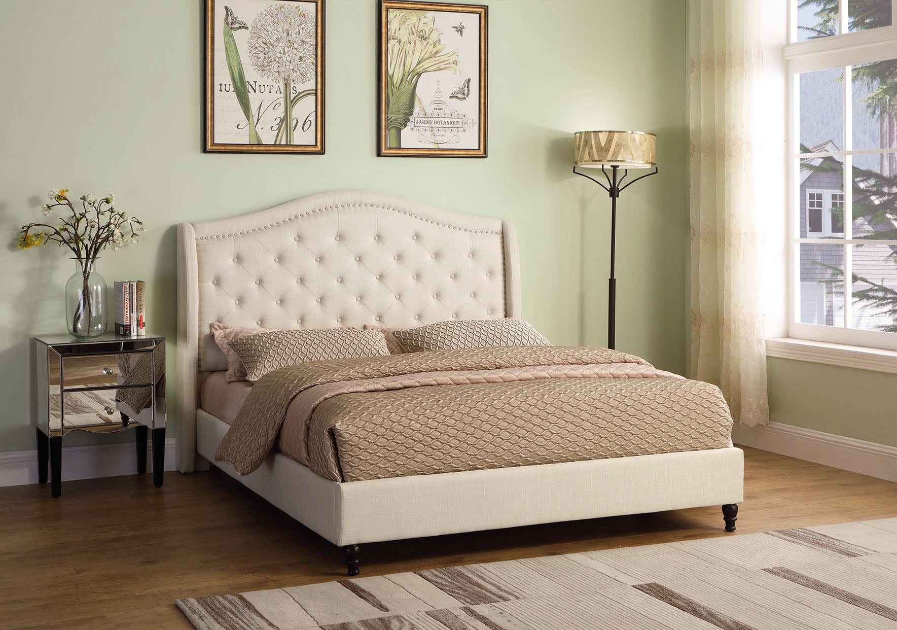 Bedroom Furniture Tufted Beige Fabric Upholstered Square King Headboard 