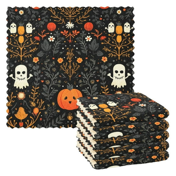 6 Pieces of Kitchen Towels 11x11Inch Kitchen Dish Cloths Kitchen Dish Towels Reuseable Cleaning Cloths Beautiful Halloween Pattern