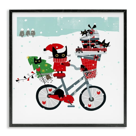 Stupell Industries Holiday Catmas Bicycle Holiday Painting Black Framed Art Prints Wall Art, 12 x 12