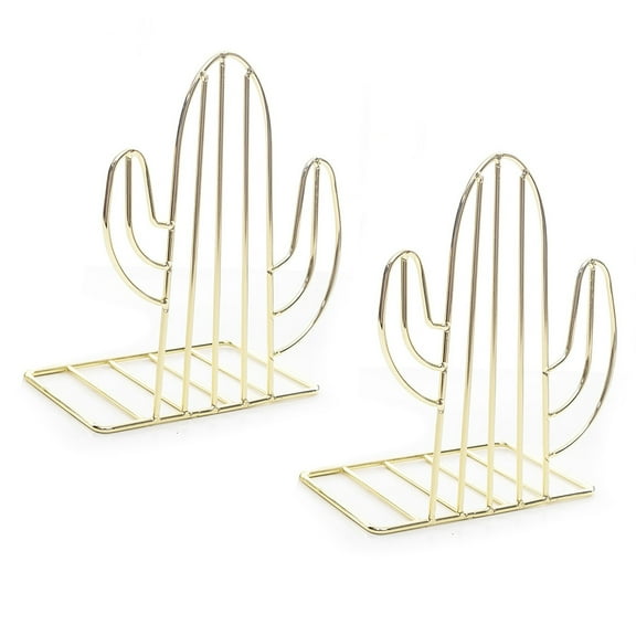 SPRING PARK 1 Pair Metal Book Ends Rose Gold Bookends for Shelves,Cute Cactus Heavy Duty Book Ends Holder Stand Decorative Bookends for Kids School Home Office