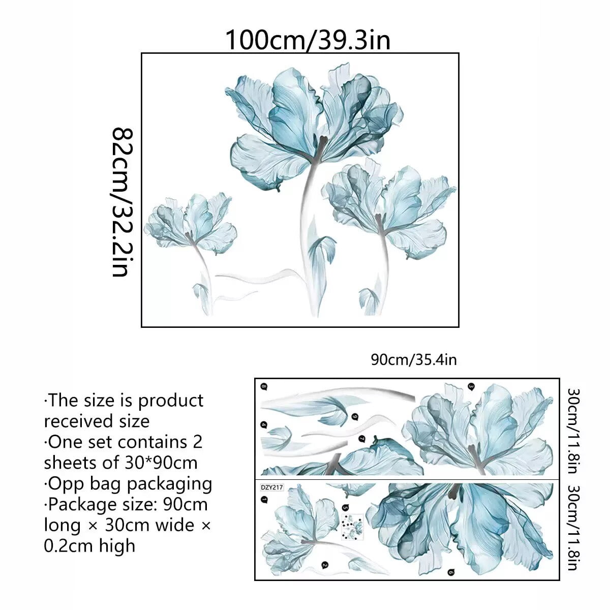Large Blue Flower Wall Decals Poppy Floral Wall Art Stickers for Girls Bedroom Living Room Bathroom Office TV Background Decor