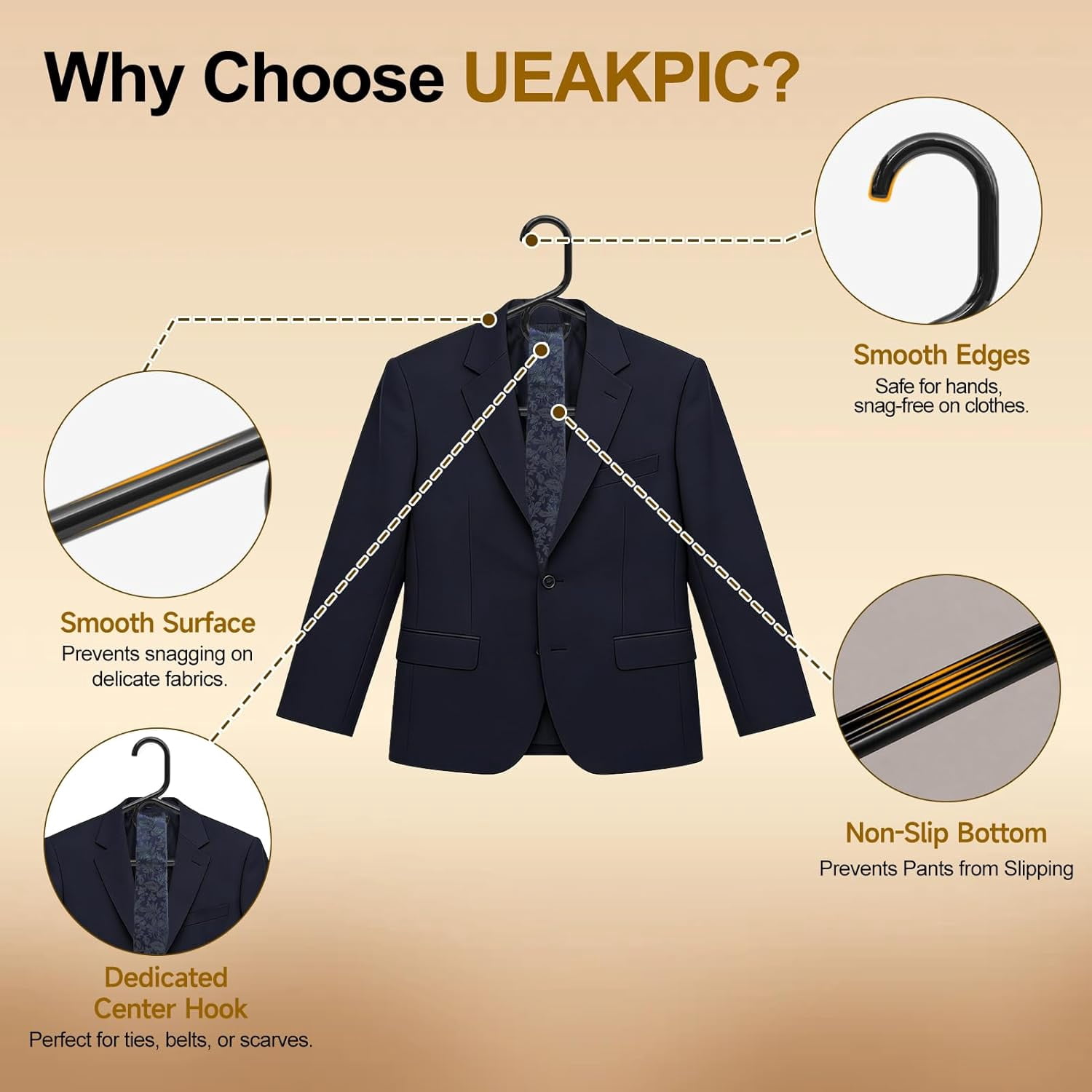 UEAKPIC Heavy Duty Plastic Hangers 18 Pack, Space Saving Tubular Clothes Hangers with Hook & Non-Slip, Standard Size, Black