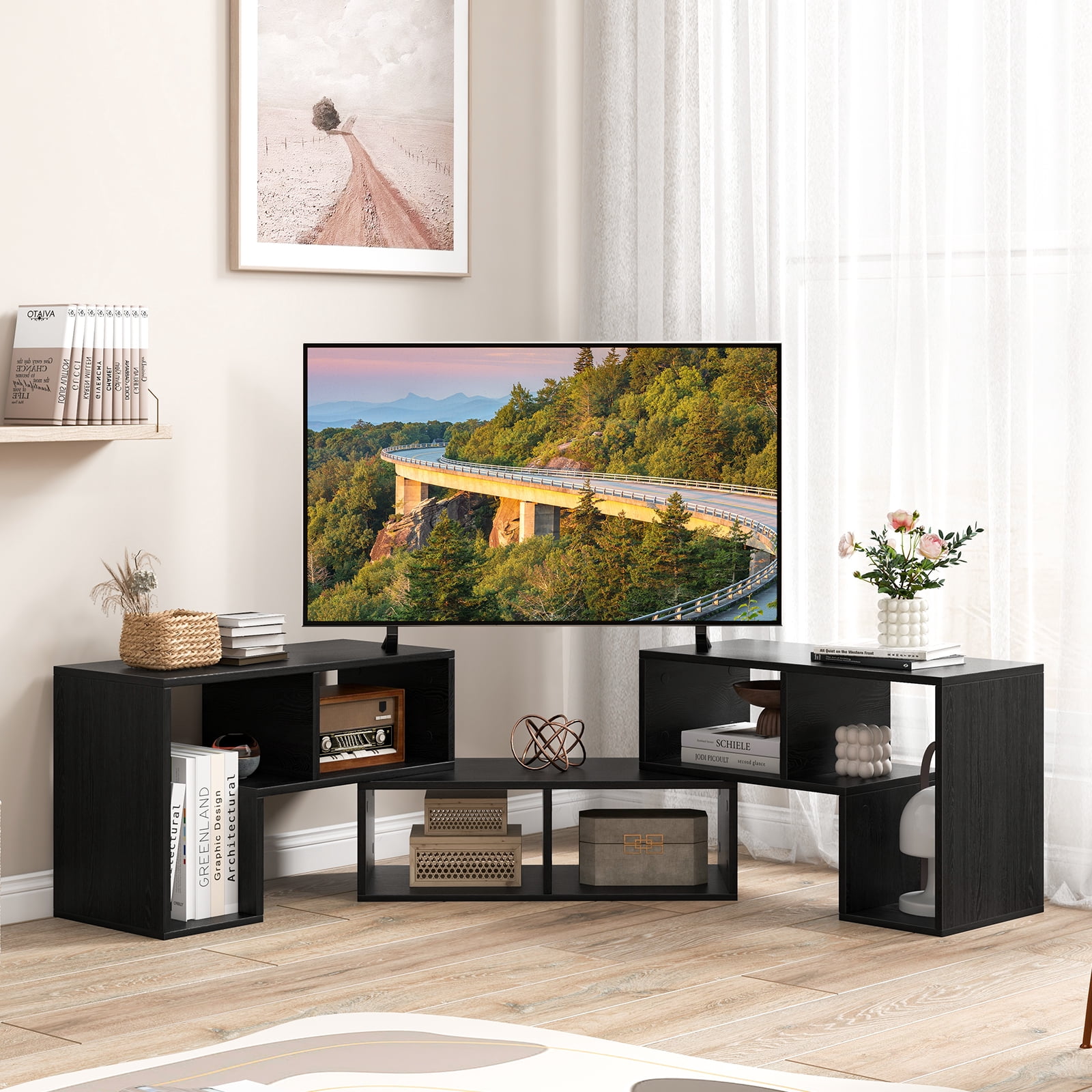 Costway 3 PCS TV Stand for TV's up To 65" Console Entertainment Center Bookcase Shelves Black Wood