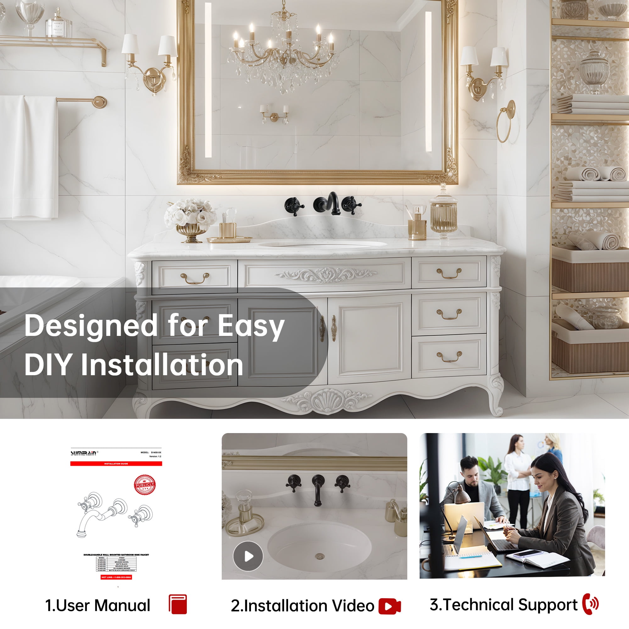 SUMERAIN Traditional Style Wall Mount Bathroom Vessel Faucet -3 Holes Cross Knobs Lavatory Basin Faucet Matte Black Finish with In-Wall Valve Included