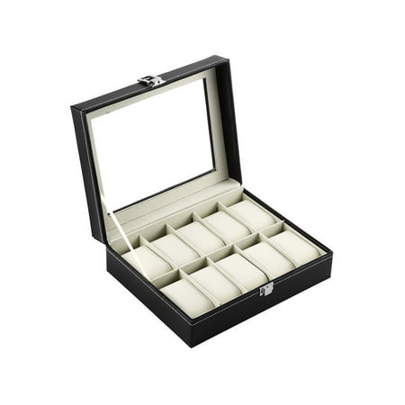 10 Slots Luxury PU Leather Wrist Watch Jewelry Gem Display Box Storage Organizer Case Collection Black