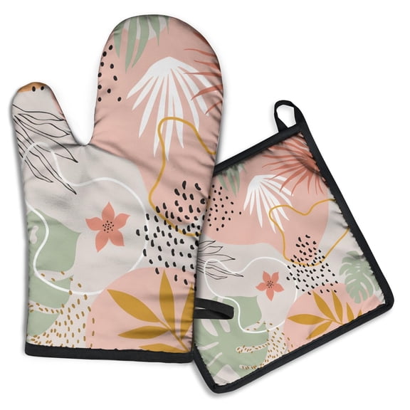 Orange Boho Plant Pattern Kitchen Oven Mitt and Pot Holder Sets 2 Pcs for Baking, Cooking and Grilling, Heat Resistant Up To 392 °F
