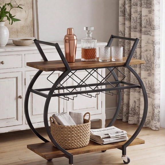 Industrial Double‑Tier Rolling Bar Cart with Wine Rack, Mobile Storage Serving Trolley with Wheels, Modern Drink Cart for Kitchen, Living Room and Home Bar Use