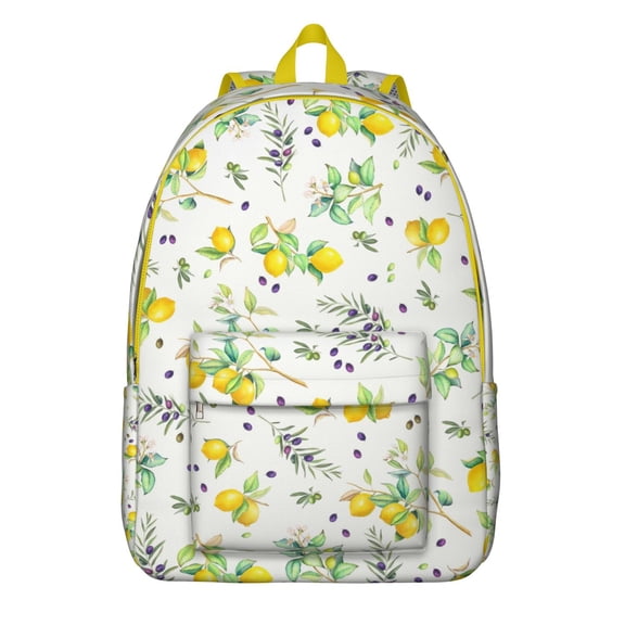 Bright Lemon Fruit Print School Backpack, Summer Citrus Design Daypack with Cute Yellow Pattern and Fresh Floral Style