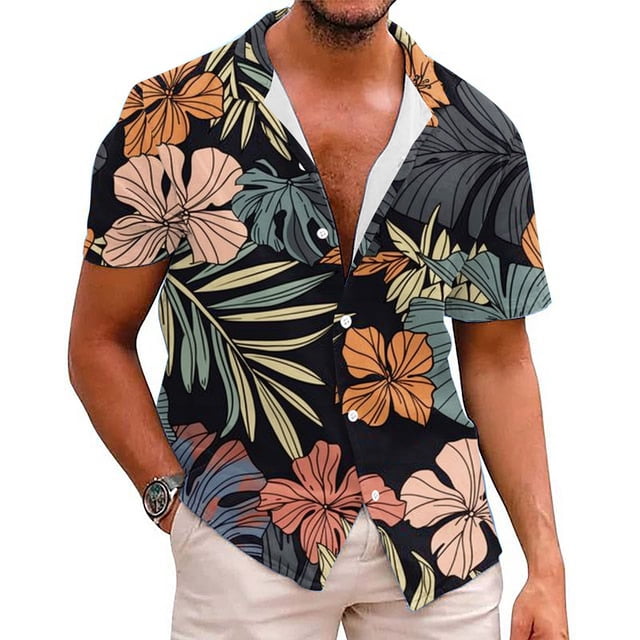 Birdeem Mens Printing Button Casual Short Sleeve Turndown Collar Blouse Shirt