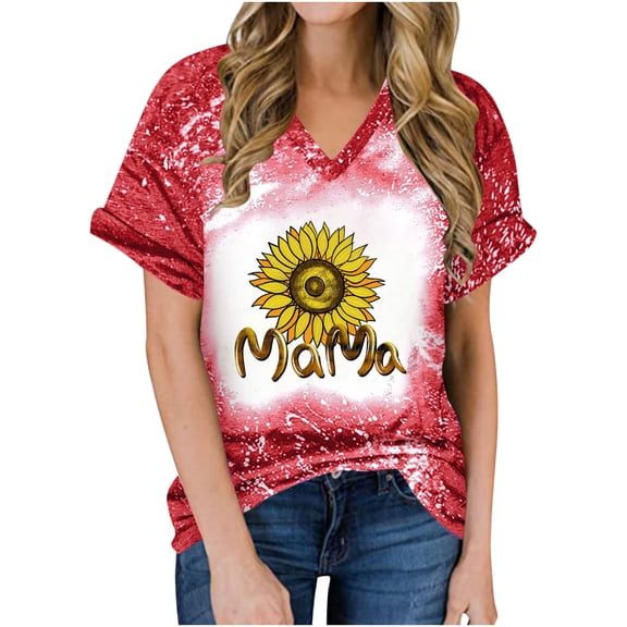 Summer Saving Wycnly Womens Tops Dressy Casual Short Sleeve V-Neck MaMa Letter Sunflower Print Summer Shirts Lightweight Loose Fit Fashion Tie-Dye Shirts Blouses Red M Clearance Clothes
