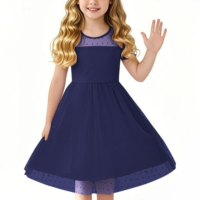 Zpanxa Chemises d'Été pour Filles Robe en Maille à Manches Courtes Enfants Taille Haute Ligne A Robe Décontractée pour Filles avec Polyester Spandex 10 Ans