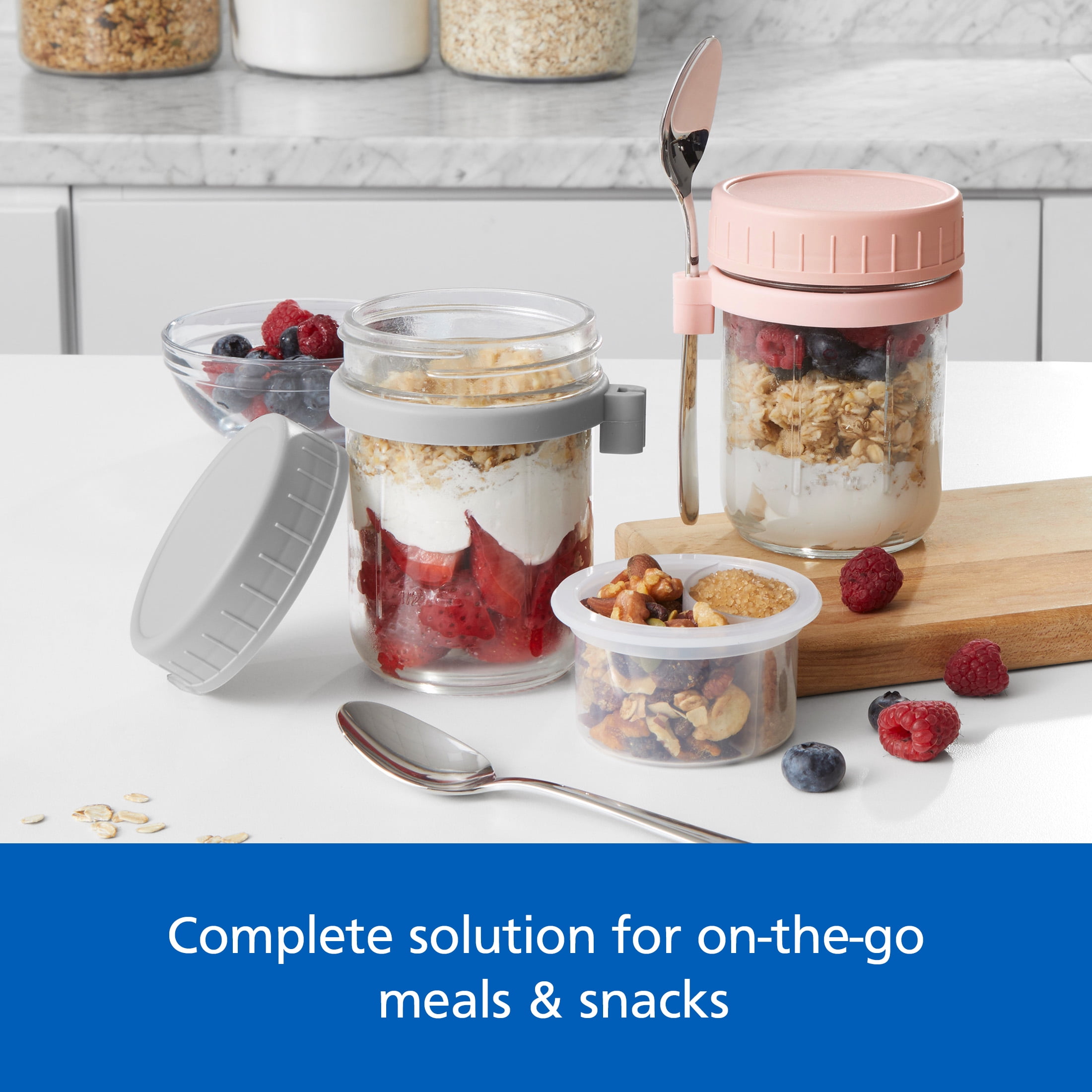 Mainstays Portable Overnight Oats Food Jar and Parfait Container, Designed to Help with Packed Lunches and Daily Commutes, Meal Prep, and Overnight Oats