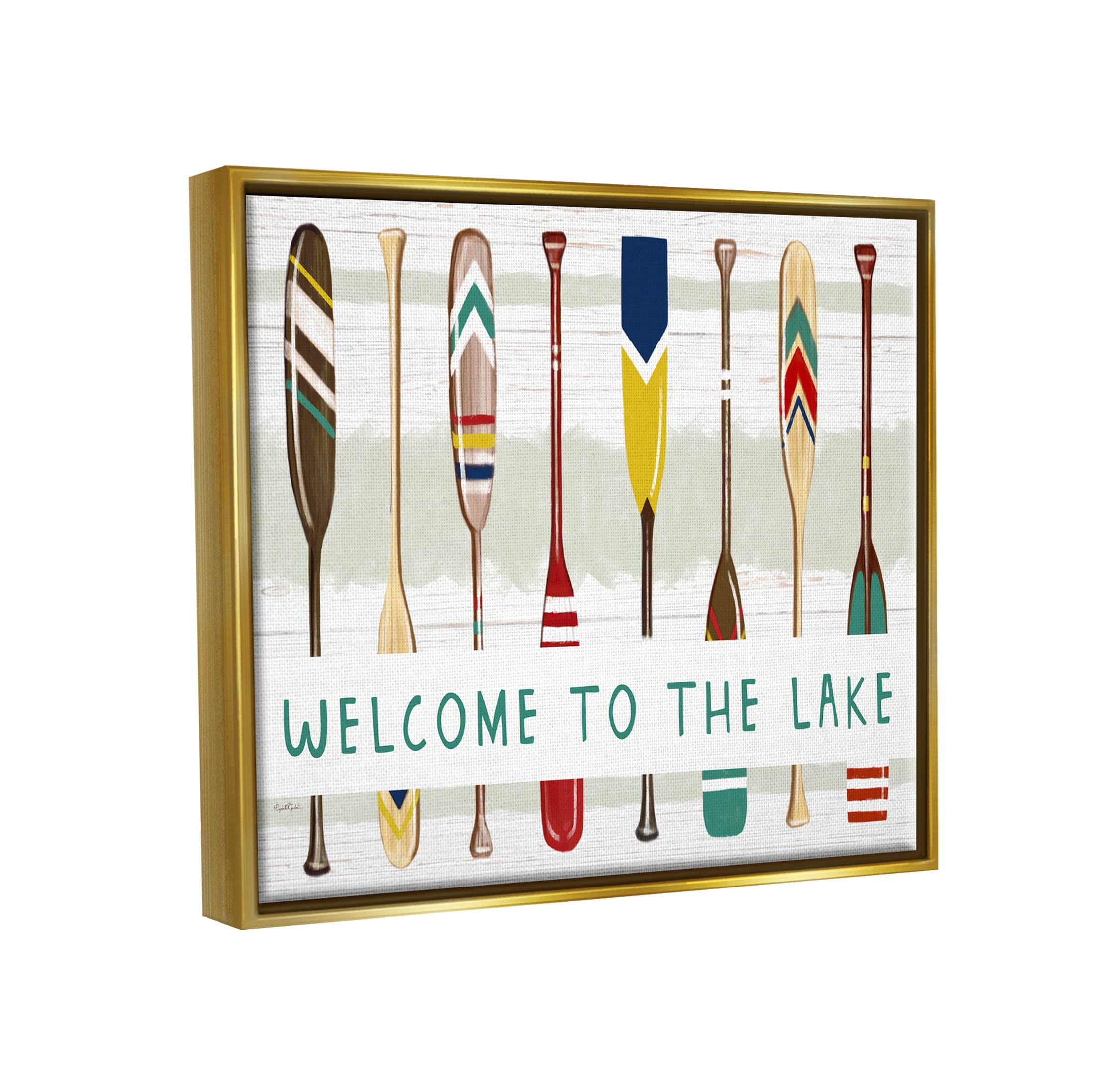 Stupell Industries Lake House Welcome Boat Paddles Graphic Art Metallic Gold Floating Framed Canvas Print Wall Art, Design by Elizabeth Tyndall