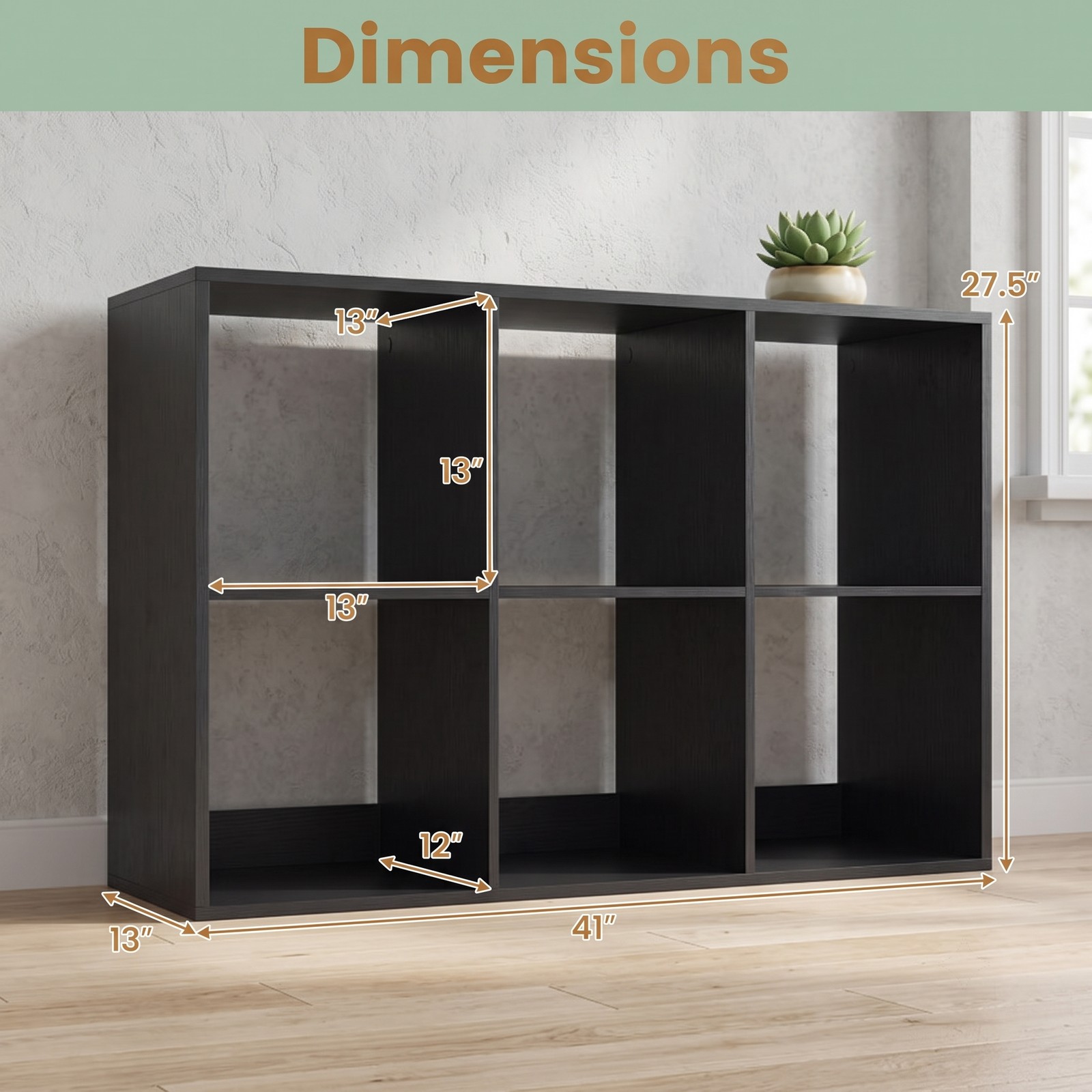 Furnibear 6 Cube Bookshelf, Black Wood Cube Storage Organizer with Back Guardrail and Anti-Tip Kit, Freestanding Display Bookcase for Living Room Bedroom Home, Black