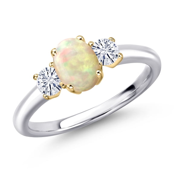 Gem Stone King 925 Silver and 10K Yellow Gold White Ethiopian Opal and White Moissanite Engagement Ring for Women | 0.83 Cttw | Oval Cabochon 7X5MM | Gemstone October Birthstone | Size 8