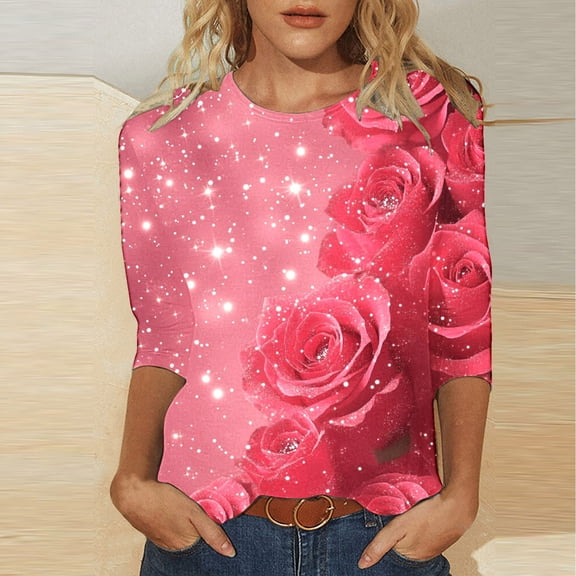 VKOYWKM Womens Valentine T-Shirts 3/4 Sleeve Tops Valentines Day Graphic Tees Casual Crew Neck Holiday Tops Classic Romantic Valentine Cute Clothes