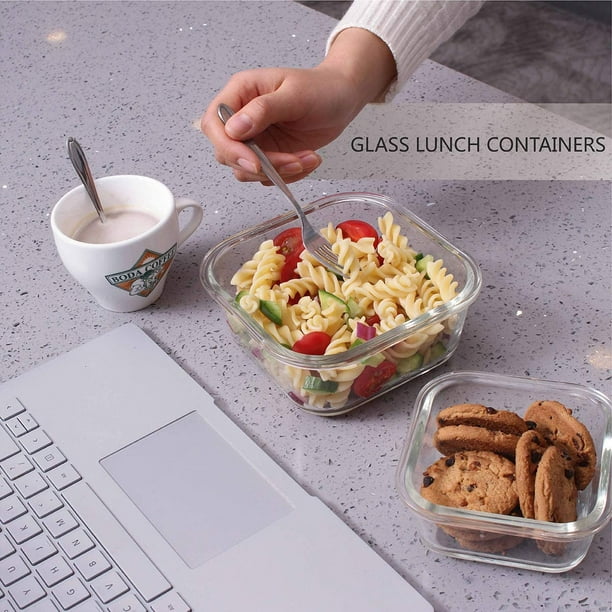 Genicook Rectangle Borosilicate Glass Container with Stainless Steel Utensils, 35.5oz, Microwavable