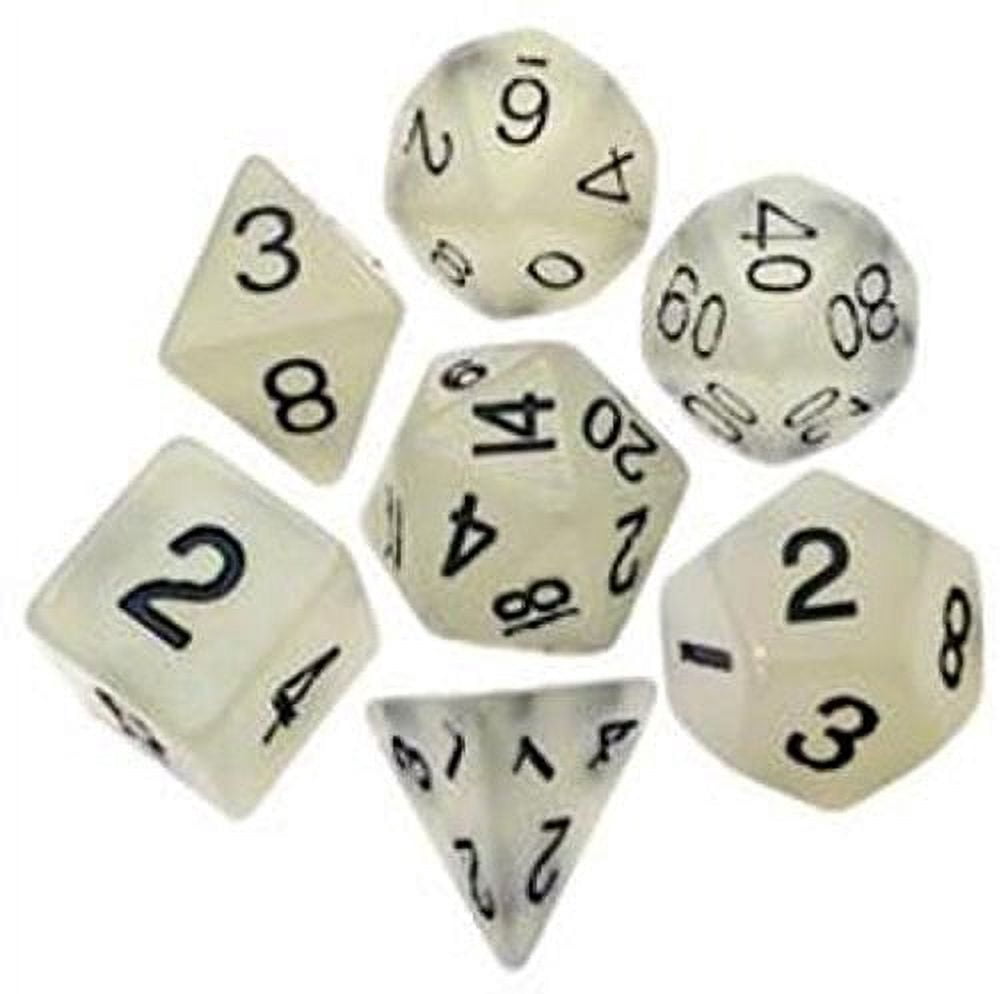 polyhedral 7 die set resin dice: glow clear with black numbers (glow in dark)