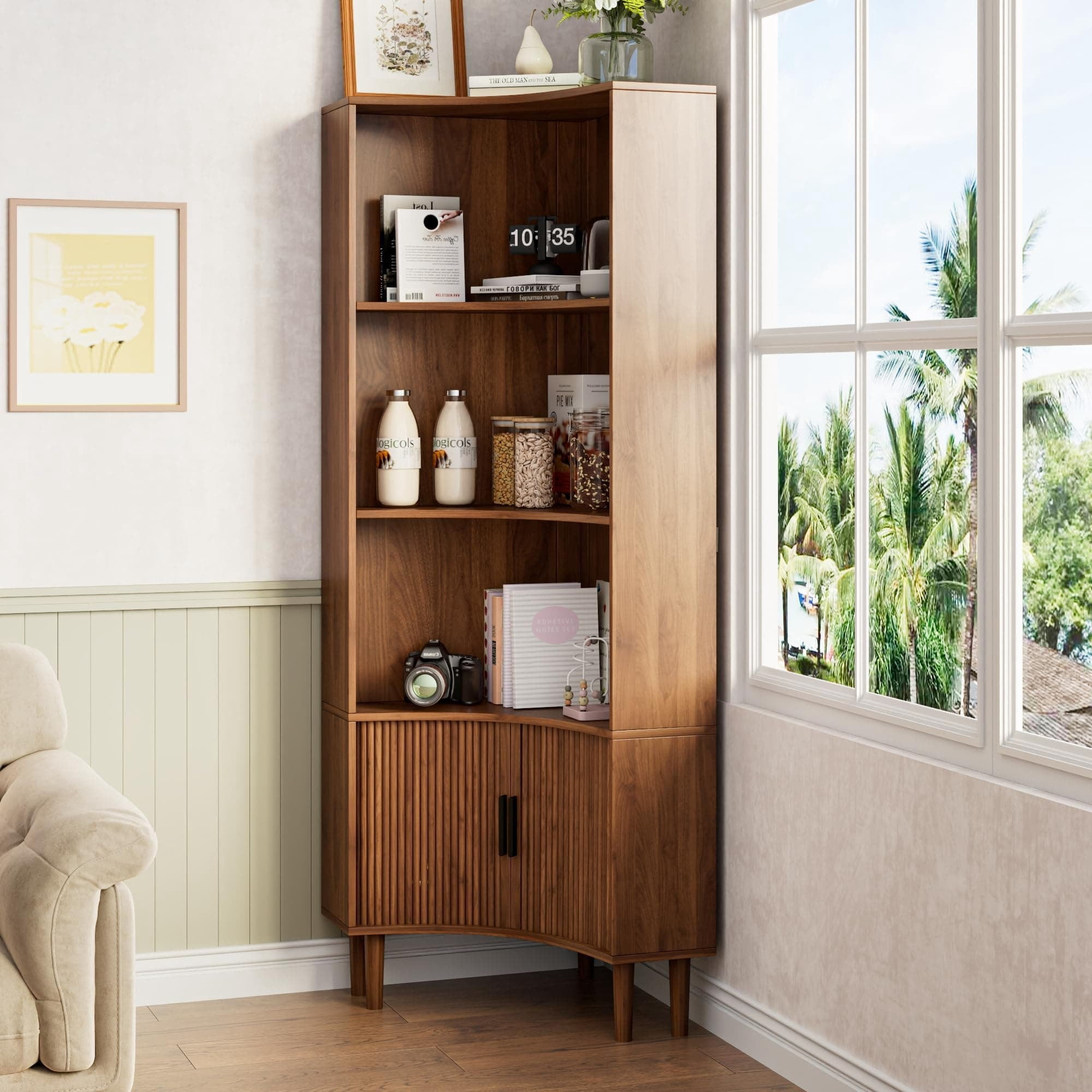 67" Tall Fluted Corner Cabinet with Sliding Doors, Modern Wood Freestanding Storage Organizer