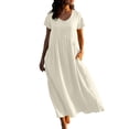 thumbnail image 2 of QUNYINEY Cotton Linen Women Dresses Solid Colors Short Sleeve Long A-Line Dress with Pockets Crew Neck Casual Beach Relaxed Fit Dresses, 2 of 9