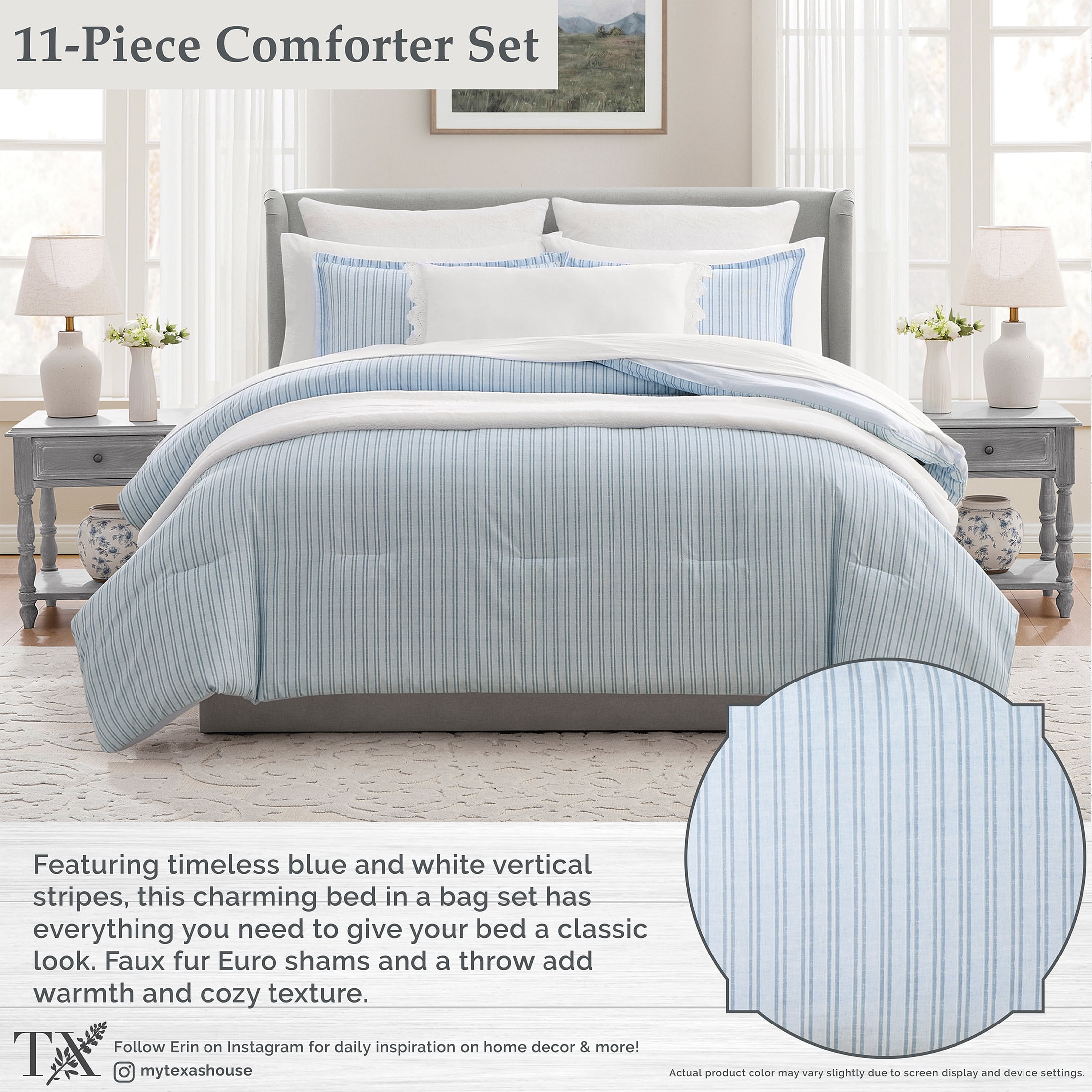 My Texas House Stripe 11-Piece Comforter Set with Sheets, Blue, Queen