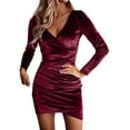 thumbnail image 1 of Prolriy Robe en Velours pour Femmes Couleur Unie Plissée Manches Longues Col en V Robes en Velours pour Femmes 2025 Rouge TTG, 1 of 9