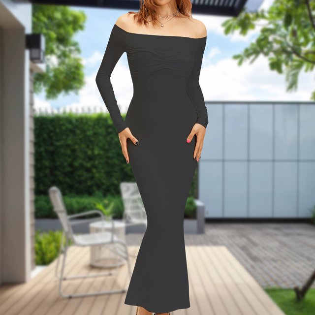 Vestido Largo Sin Tirantes Bowknot Bodycon Vestido largo Hombro Mujer Fiesta Clubwear Traje (Negro S) Cgtredaw Para estrenar