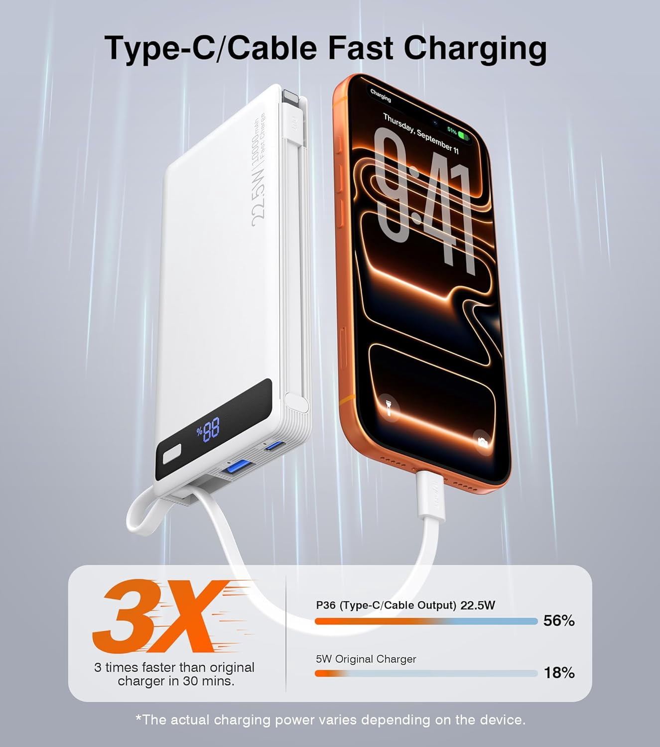 10000mAh Power Bank with 2 Built-in Cables, 22.5W PD Fast Charging Slim Portable Charger for iPhone Samsung iPad White