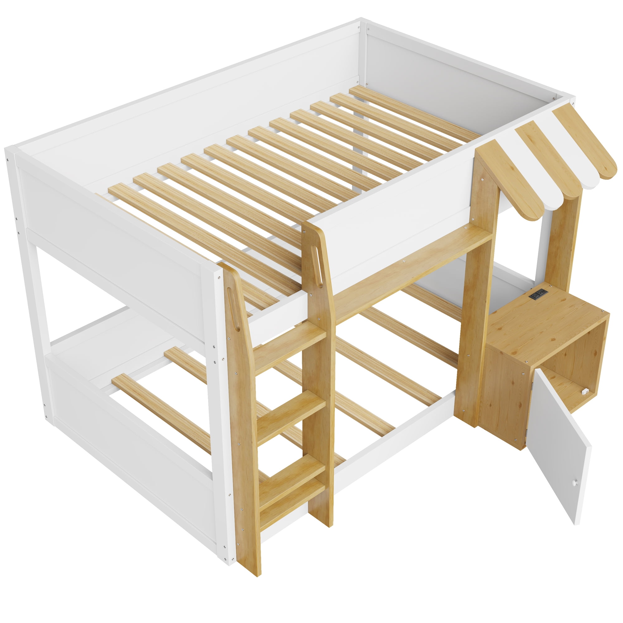 Euroco Wood Twin over Twin Bunk Bed with Desk and Cabinets, Storage Bed with Shelves and USB Ports, White