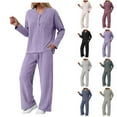 thumbnail image 4 of felwors Women 2 Piece Pajamas Sets Long Sleeve Casual Ribbed Lounge Set Fall Pj V Neck Loungewear Outfit Purple, XL, 4 of 8