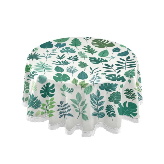 Round Single Sided Printed Tablecloth, 60 Inch Polyester Round Table Cover with White Lace Trim, Wrinkle Resistant Decorative Table Cloth for Home Green Tropical Leaf