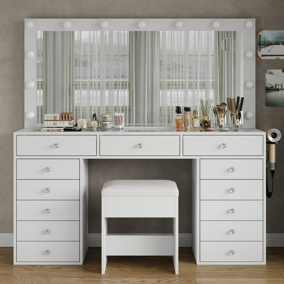 FUSOU 13 Drawers Vanity Desk, Makeup Vanity with Power Outlet, Vanity Table with Mirror and LED Bulbs, 3 Color Lighting Modes, Glass Top, Dressing Table for Bedroom