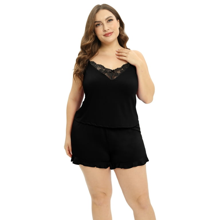 Xmarks Sexy Pajamas Plus Size for Women Lace Cami PJ Set Two Piece Sleep Set with Shorts Black US 16