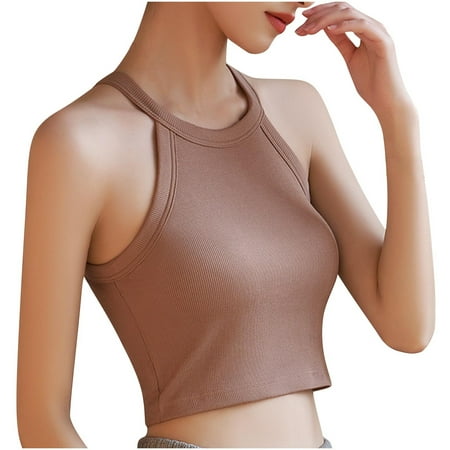 Women s Crop Sport Tank Top with Built in Bra Knitted Cotton Halter Neck Tank Sleeveless Backless Crew Neck Tank Top Summer Short Gym Yoga Vest