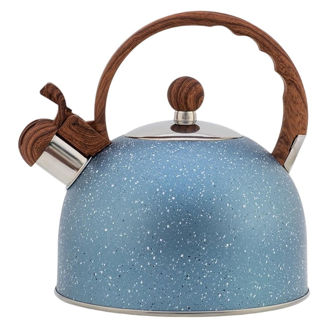 Stainless Steel Stovetop Tea Kettle Gas Electric Applicable Wood Grain Handle Water Kettle 2.5L Blue Whistling Teapot for Farmhouse Outdoor