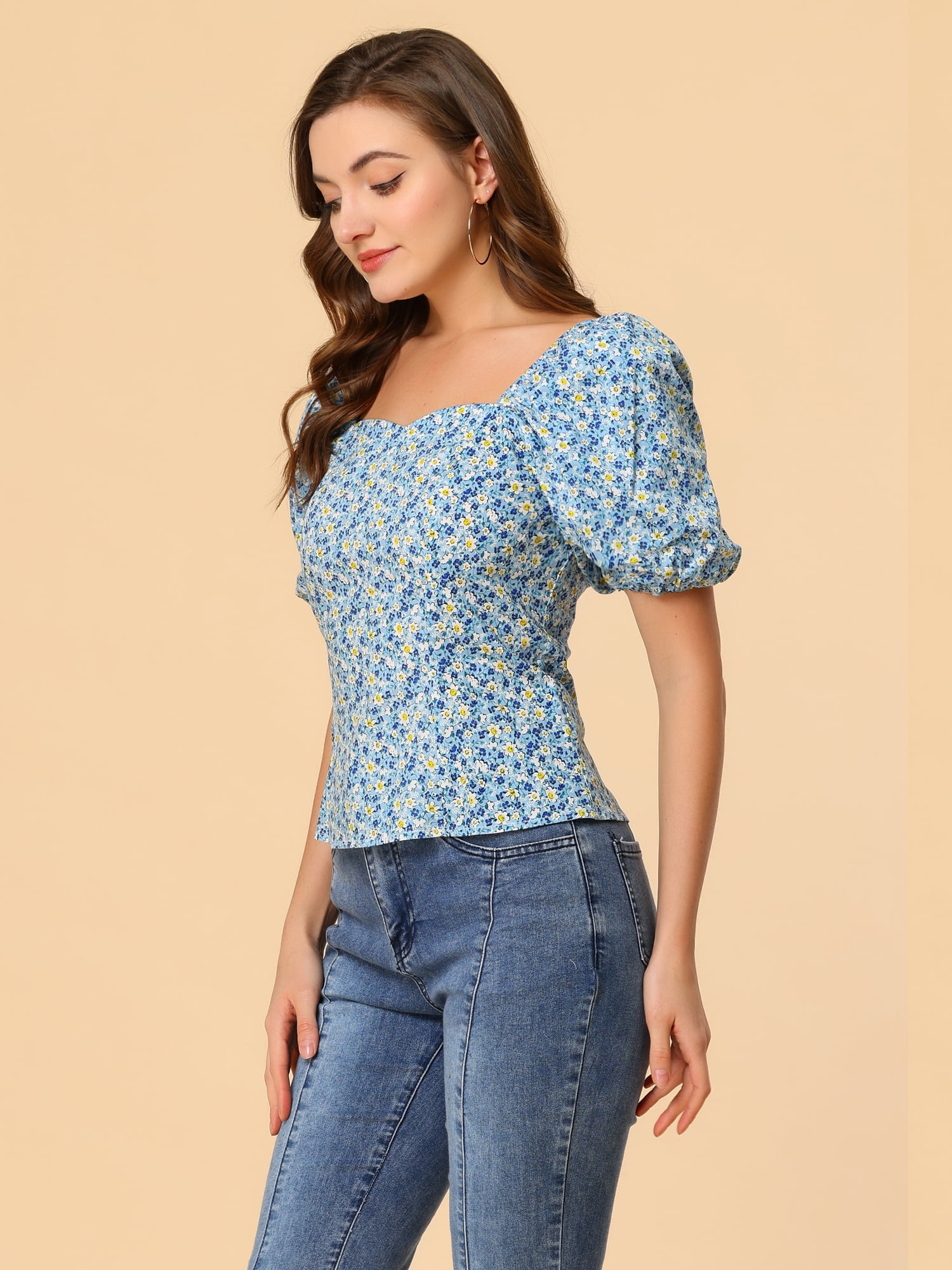 DARING DIVA Puff Sleeve Sweetheart Neck Smocked Floral Top L Blue
