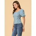 thumbnail image 3 of DARING DIVA Puff Sleeve Sweetheart Neck Smocked Floral Top XL Blue, 3 of 6