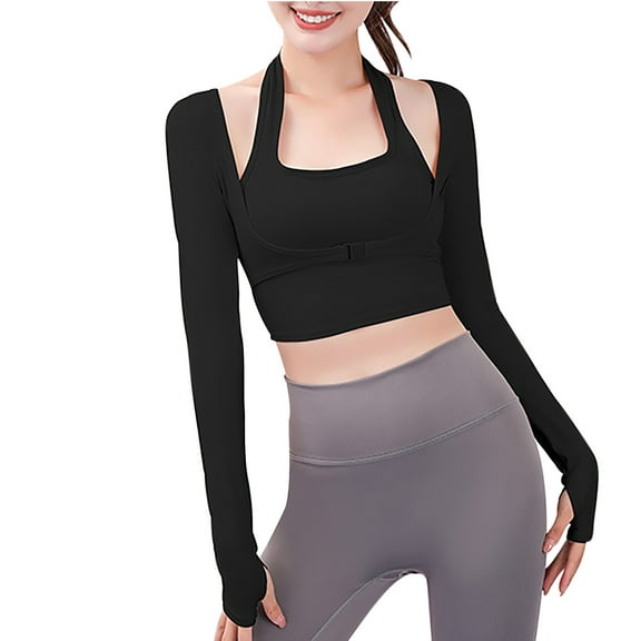 Hfyihgf Long Sleeve Workout Shirts for Women Gym Running Seamless Cutout Yoga Tops Thumb Hole Long Sleeve Crop Tops for Women(Black,L)
