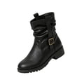 thumbnail image 2 of Womens Buckle Mid Calf Combat Boots Motorcycle Riding Platform Leather Lug Sole Zipper Comfortable Durable Waterproof Outer Outdoor Autumn Winter Streetwear Party Casual Walking,Black 6, 2 of 6