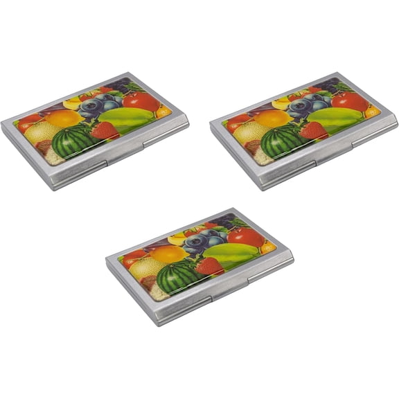 Set of 3 Slim Metal Dual Slot Business Card Holders with Printed Insert (Fruit Medley)