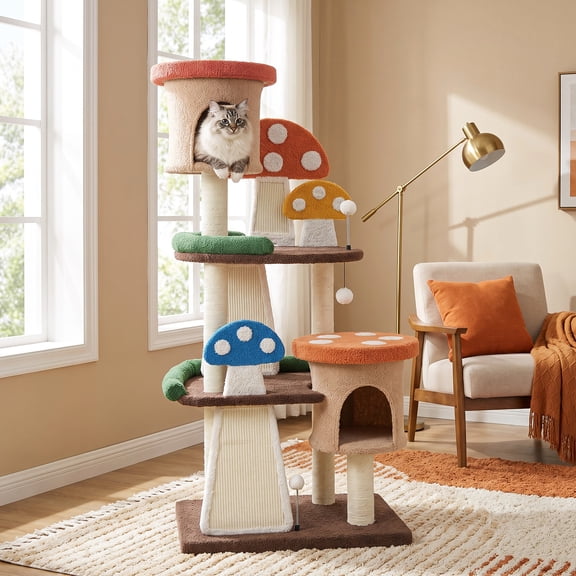 Dreischwarz 4-in-1 Cat Tree with 2 Mushroom Condos, 7-Tier Platforms and Sisal Scratching Posts, Multicolor