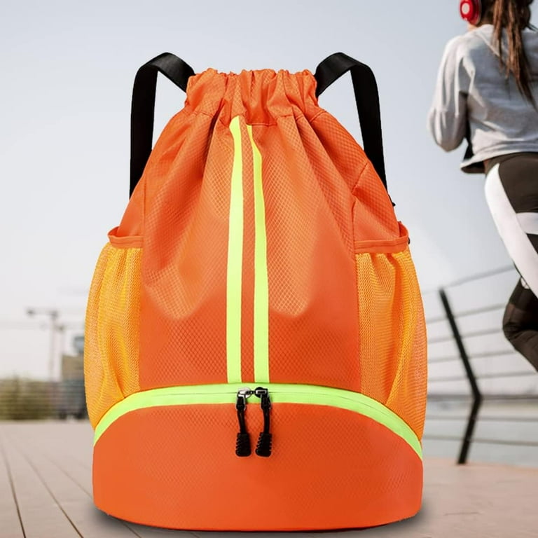 Aokur Drawstring Backpack Bag Waterproof Draw String Back Sack with Zip Pocket Gym Drawstring Bags Swim Bag for Men Women Orange Adult Unisex