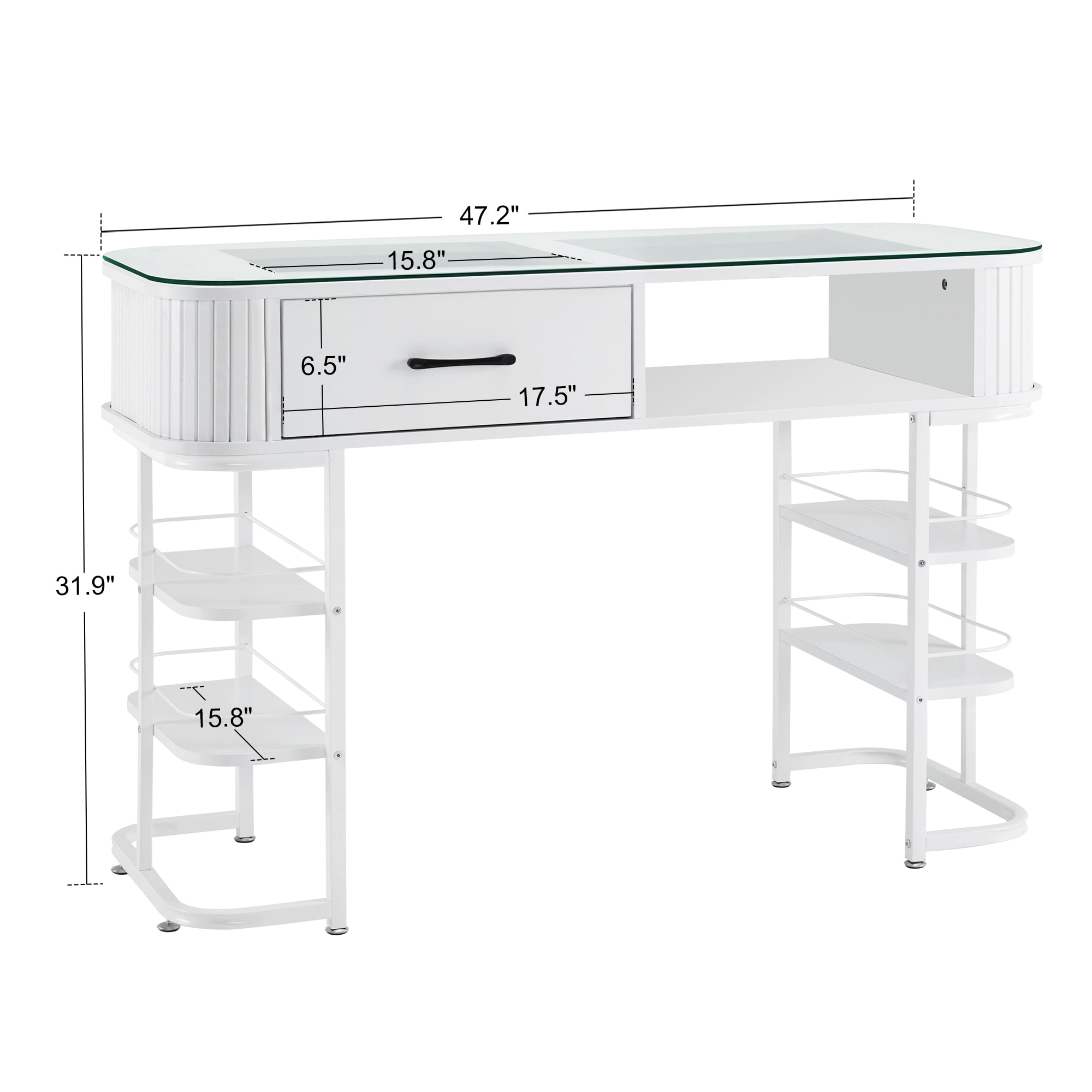 BarberPub Manicure Table Acetone-Resistant Nail Tech Desk with Glass Top, Storage Shelves Beauty Makeup Station(White)