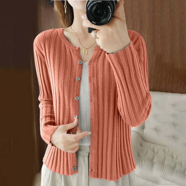 Suéter de cuello redondo para mujer, suéter de punto con botones, manga larga, color liso, con rayas, blusa para mujer