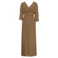 thumbnail image 6 of HAIJIE Women’s Wrap V-Neck Jumpsuit, Cuffed 3/4 Sleeves, Waist Cinched, Wide Leg, Assorted Solid Colors (Brown,L), 6 of 7