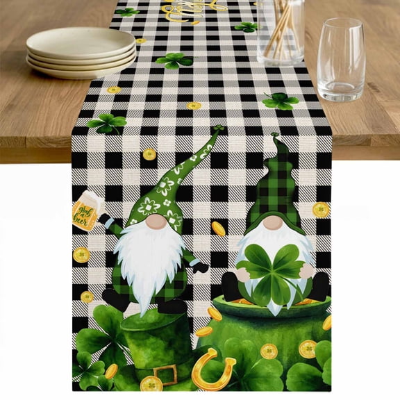 St. Patrick's Day Table Runner - 48 Inch Long Gnomes Gold Coin Shamrock Checkered Plaid Cotton and Linen Blended Dress Scarves Farmhouse Table Runner for Kitchen Dining, Coffee Table, 13" x 48"
