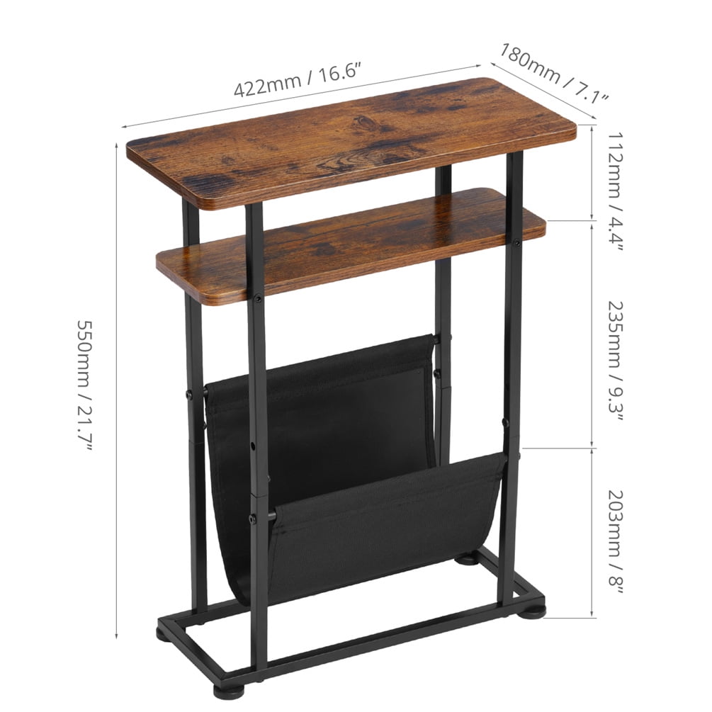 Narrow Small Side Table for Small Spaces - Slim End Table with Magazine Rack - 2 in 1 Narrow End Table Living Room - Skinny Bedside Table Nightstand Bedroom Thin Side Table, Rustic Brown